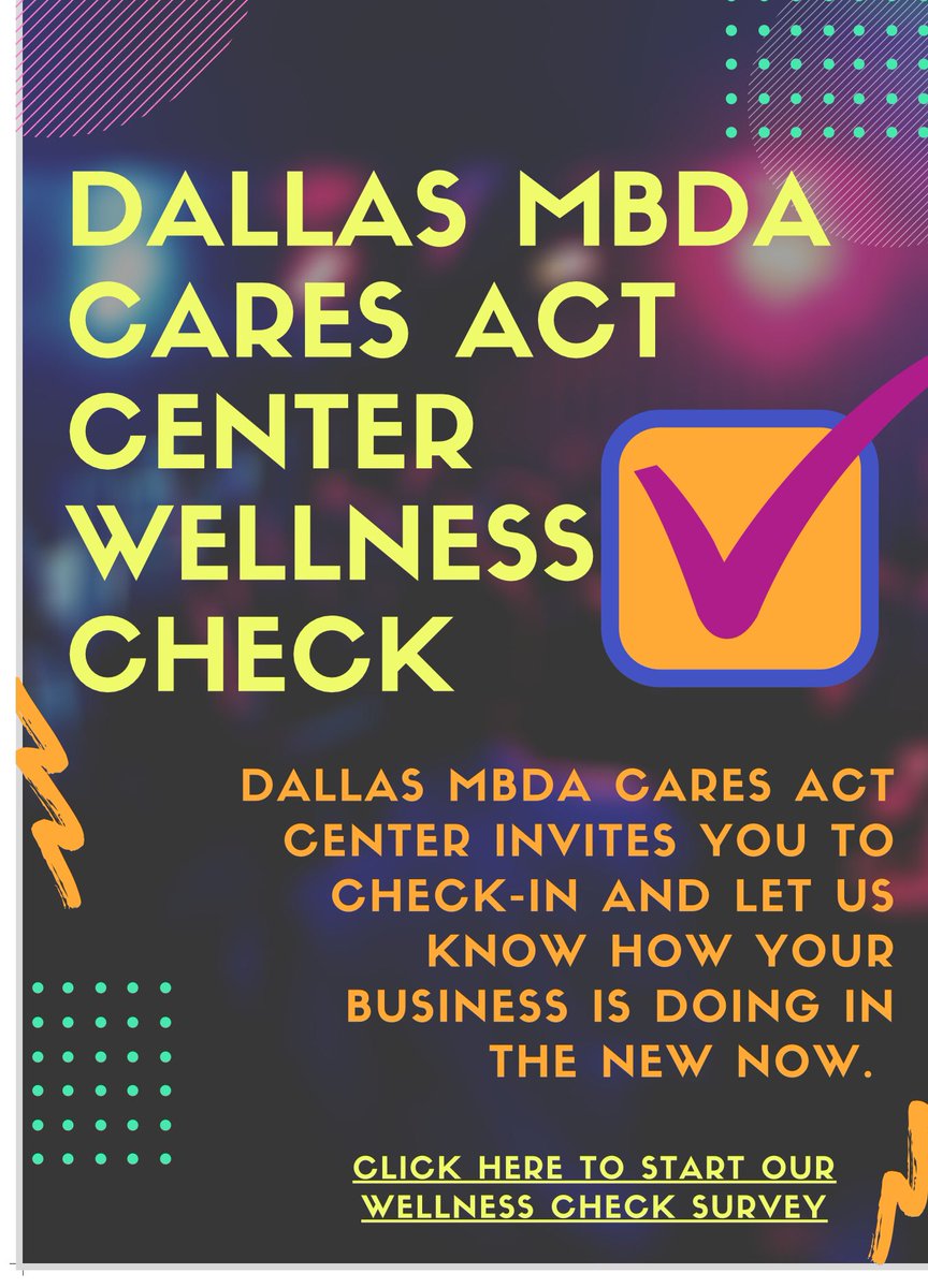 MbdaDallas's tweet photo. MBDA CARES Act Wellness Check Survey /// The Dallas MBDA CARES Act Center was created to support small/minority-owned businesses during the COVID-19 outbreak. #Dallas #DFW Please take a moment to fill out our quick survey.
https://t.co/PWnxDF9GL5 #MBDAdallas #MBDACares #DFWMSDC https://t.co/Ie9bGpsK0a