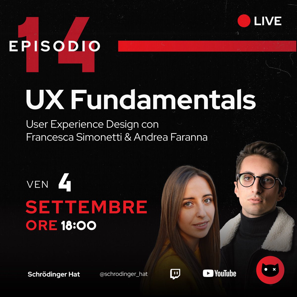 schrodinger_hat's tweet photo. Domani alle 18 🔴LIVE l’episodio 14 dedicato all’esperienza utente, ospiti della live due UX Jr ma studiosi Francesca Simonetti e Andrea Faranna. Segui la live sui nostri canali 🎥
#ux #userexperience #uxlean #ui #mvp #uxprocess #sprint #designthinking #live #twitch #youtube https://t.co/5qWdkAFDrk