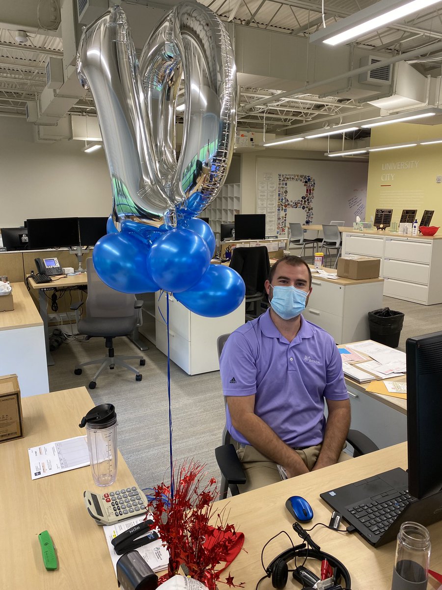 jmccrobie's tweet photo. Celebrating our unflappable, kindhearted, patient, 10 YOS recipient with balloons, salty snacks and some unsweetened iced tea today (his favs). Way to go Matt! To know you is to love you! #awardsweekend https://t.co/FRLve5lfqR