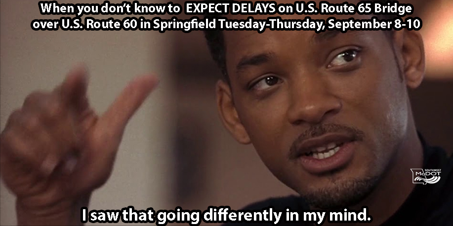 MoDOT_Southwest's tweet image. Northbound U.S. 65 left lane closed at bridge over U.S. 60 in southeast #Springfield from 9 a.m. Tues, Sept 8, until as late as 8 p.m. Thurs, Sept 10 as crews clean and seal the bridge deck/driving surfaces on northbound U.S. 65 bridge over U.S. 60.
#MoDOTSW #Hitch #SGFD