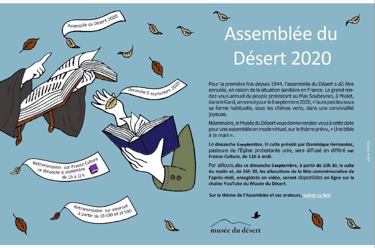 SocHistProtMtp's tweet photo. Le #MuséeduDésert #protestant innove : sa traditionnelle #AssembléeduDésert aura lieu dimanche 6 septembre en ligne, sur YouTube.
10h30, culte par Dominique Hernandez
14h30, allocutions historiques de Max Engammare et Michèle Moulin
 @EvangeliquesI @ReformeHebdo @MidiLibreAles https://t.co/ty3WSYiNXV