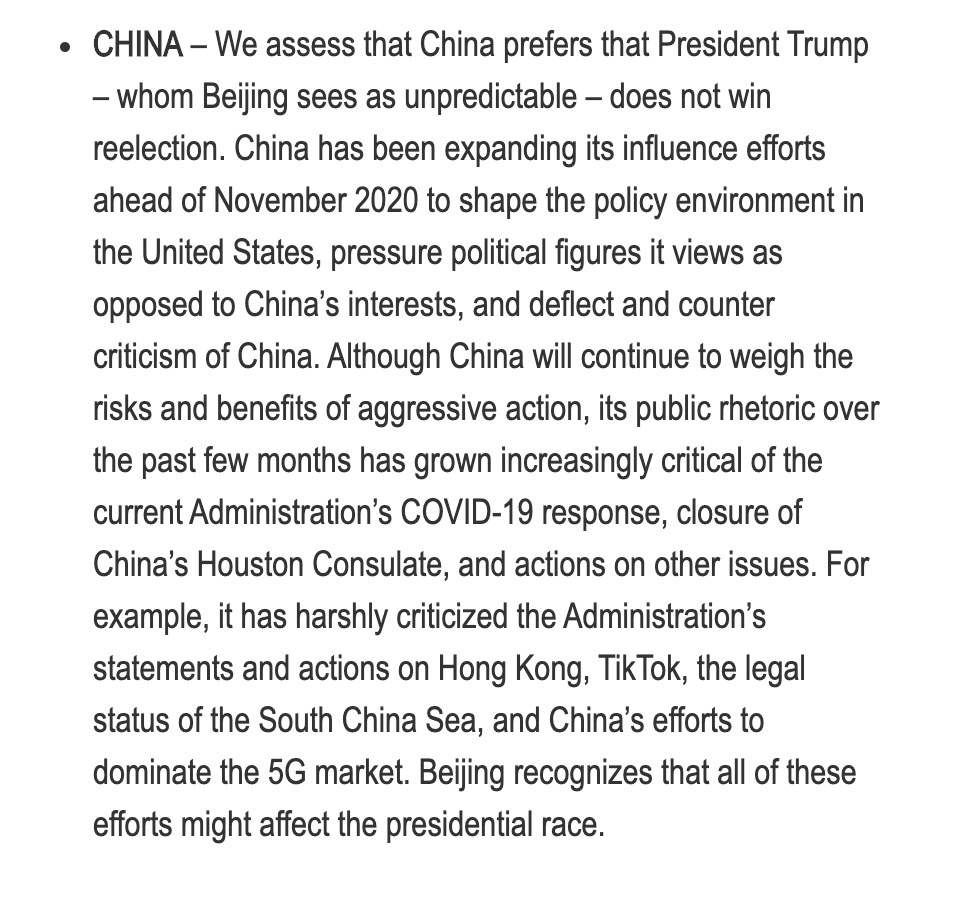 Here is the actual ODNI assessment regarding China and Russia.  https://www.dni.gov/index.php/newsroom/press-releases/item/2139-statement-by-ncsc-director-william-evanina-election-threat-update-for-the-american-public