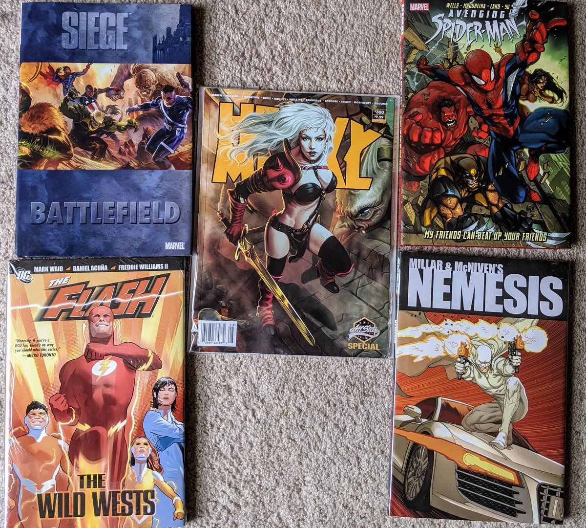 Kurtopolis's tweet photo. A day late but happy #NCBD and #NTYCBD everyone! Didn't get my books yesterday so I had to assuage my guilt by picking up some additional things. I may have overdone it. #noregrets Also my issue of @HeavyMetalInk 300 came the other day so that's exciting! 🤘 #showmewhatyougot https://t.co/282GdWBeMy
