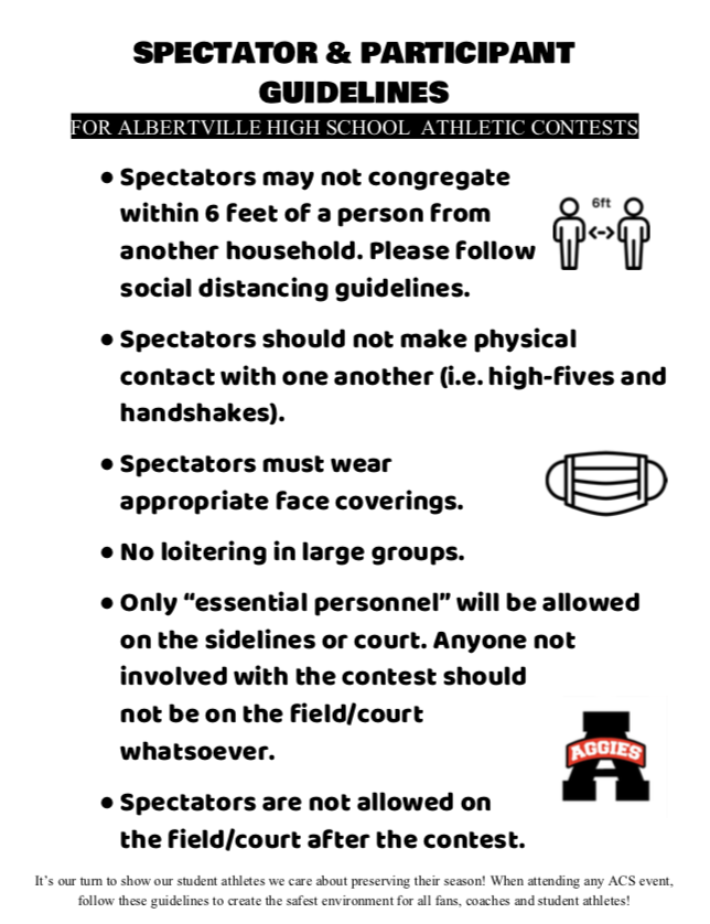 AHS_Aggies's tweet photo. It's our turn to show our student-athletes we care about preserving their season! When attending any ACS event, follow these guidelines to help create the safest environment for all fans, coaches and student-athletes! #MaskUpAggies #AHSAggiePride https://t.co/81X8HqC4cd