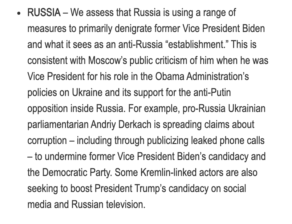 On the other hand, the IC assess that Russia is taking affirmative measures to interfere in the election in order to harm Biden and help Trump. It says nothing about the other range of Russia CI threats unrelated to our election, which are also ongoing.