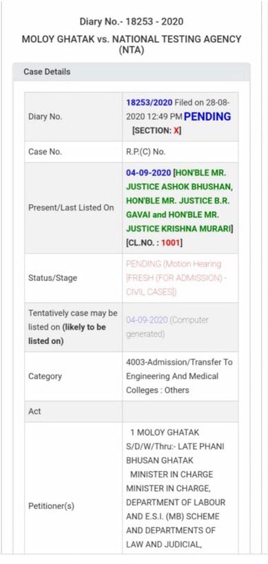Theneteshtiwari's tweet photo. [Breaking] A Justice Ashok Bhushan led bench to hear the review plea filed by 6 ministers from opposition ruled states seeking to postpone the conduct of #JEE_NEET in view of the #COVID19 tomorrow (Sept 4)

#SupremeCourt 
#JEEFailedPostponeNEET 
#speakForStudentssafety https://t.co/ARuekhML5s