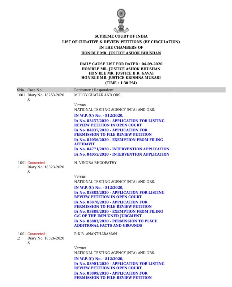 Theneteshtiwari's tweet photo. [Breaking] A Justice Ashok Bhushan led bench to hear the review plea filed by 6 ministers from opposition ruled states seeking to postpone the conduct of #JEE_NEET in view of the #COVID19 tomorrow (Sept 4)

#SupremeCourt 
#JEEFailedPostponeNEET 
#speakForStudentssafety https://t.co/ARuekhML5s
