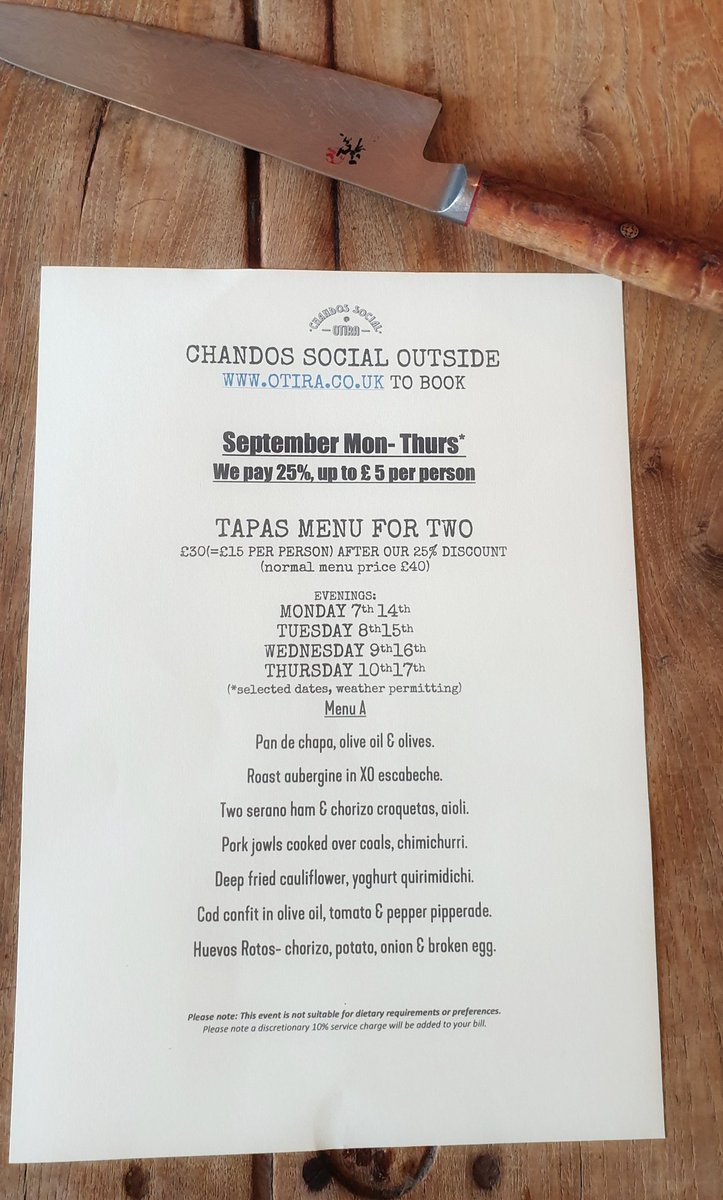 Happy Days We Are Continuing EatOutToHelp... in September 👏.Chandos Social Outside 
Monday to ....Thursday ☀️Weather is looking good for next week 😄.have added Pescatarian menu .We are paying 25% you pay only £15 each for a 7 course tapas menu
It's a steal @£15 Squid each .