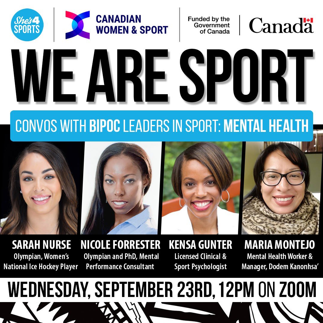 Shes4Sports's tweet photo. Injury, performance, diet &amp; #mentalhealth are apart of the athlete journey. Hear from @nursey16 on how she’s managing #mentalhealth &amp; meet #BIPOC mental health/wellness leaders who keep the sports community healthy.Register here: https://t.co/74rHGuuSKt #WeAreSportCA #shes4sports https://t.co/kyH1lF7SUe