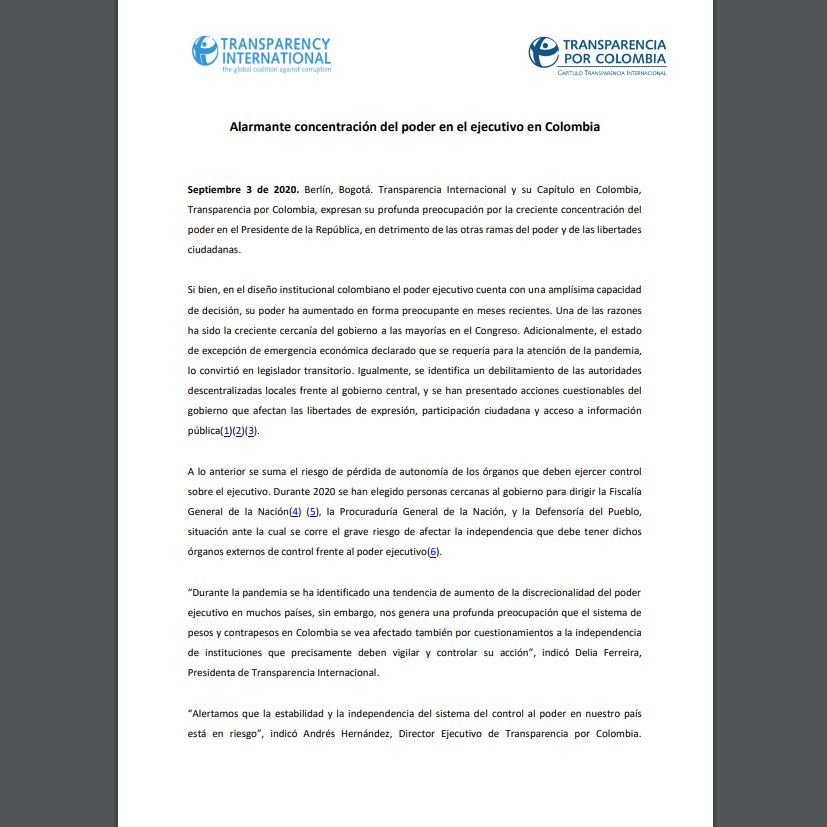 ZuluagaCamila's tweet image. ATENCIÓN: Transparencia Internacional alerta sobre "alarmante concentración del poder en el Ejecutivo" en Colombia #MañanasBlu  👇🏼
