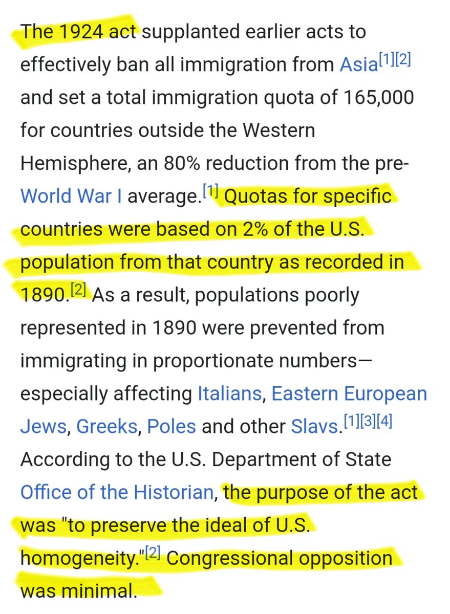 The idea America should be a mostly White nation began w/the Founders & continued well into the 20th century, culminating w/the Immigration Act of 1924 that sought to preserve the "ideal homogeneity" of the country. Note that this policy entirely preceded Nazis & the 3rd Reich.