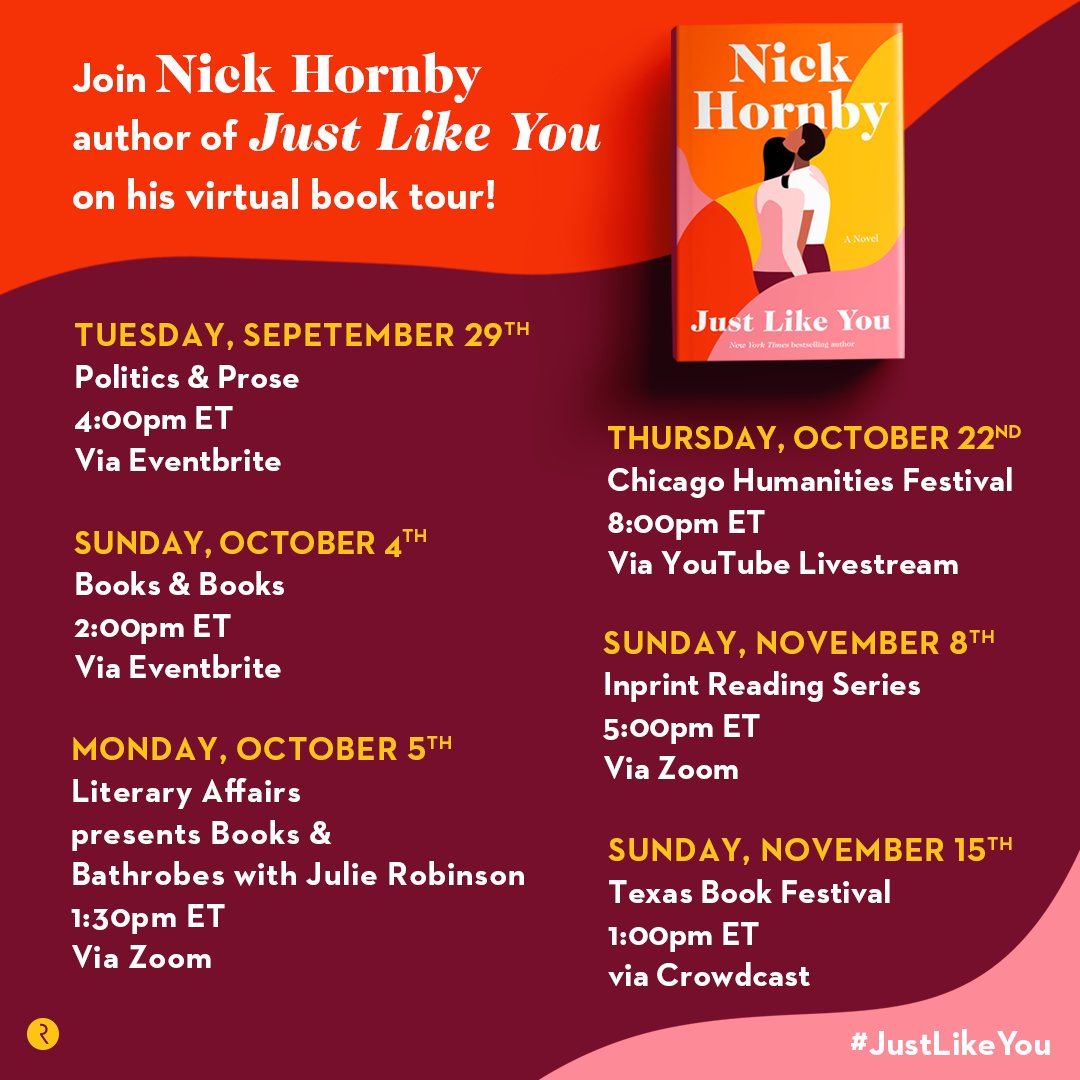 🗣️ Save the date 🗣️ Nick Hornby is going on a virtual book tour for his next novel JUST LIKE YOU! 🥳 For more details and ticket information visit: bit.ly/2EUc9oH