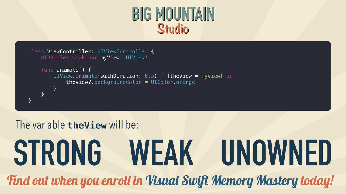 BigMtnStudio's tweet photo. If you can't answer this #SwiftLang question, it might be time to brush up on your Swift Memory knowledge!
Every year I have a back-to-school special for my Visual Swift Memory Mastery course.
Get 75% off for one week only: https://t.co/ZcbORGNmuZ  
(Expires Sunday, Sept 6th) https://t.co/6mvqUoJjDx
