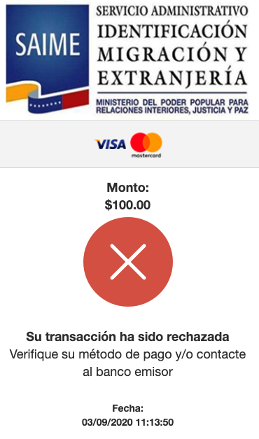 CesarCordobaCC's tweet photo. @VenezuelaSaime Su nuevo método de pago no funciona, no cumple las funciones mínimas de 3D Secure y el banco termina rechazando el pago, como recomendación incluyan el campo Cellphone en su payload. https://t.co/qHpB2cszcl