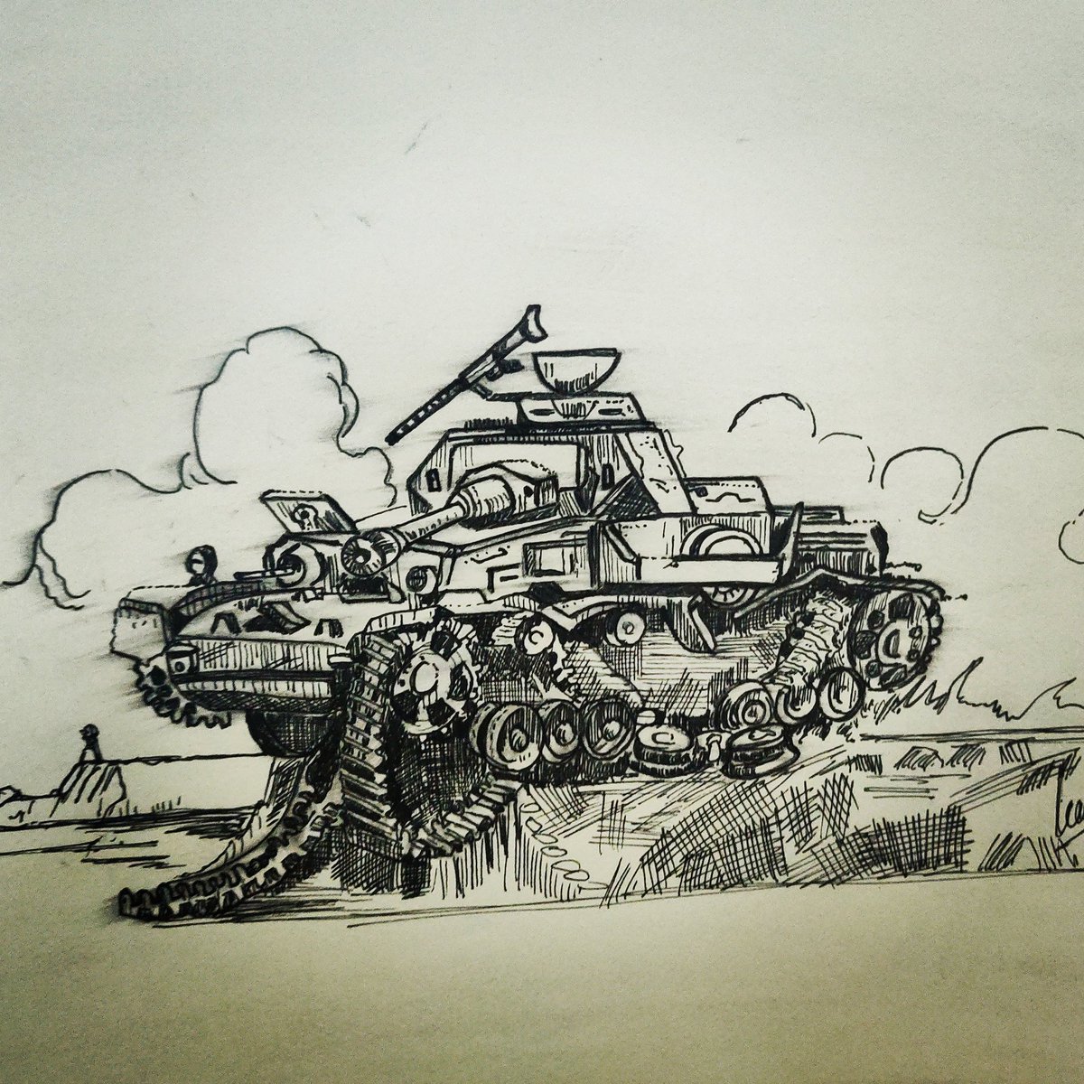 karrotkillroy's tweet photo. The Panzer IV.... Panzerkampfwagen IV (PzKpfw IV), looks like a K Kill. 
Pencil draft, followed by Pilot V5 black. 
Back to art after ages, 15 years plus.. To be precise. https://t.co/o89JqRQYMm