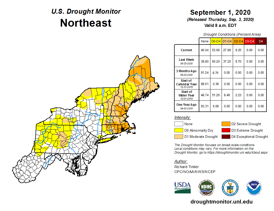 NOAANCEI's tweet photo. September 1: Drought intensity decreased in northern and Downeast Maine as well as southwestern Pennsylvania and southwestern New England. Severe drought expanded in Rhode Island and Massachusetts. https://t.co/hs7rCpQMsY #DroughtMonitor #MEwx #RIwx #PAwx #MAwx #MEdrought https://t.co/BRwehxohgu