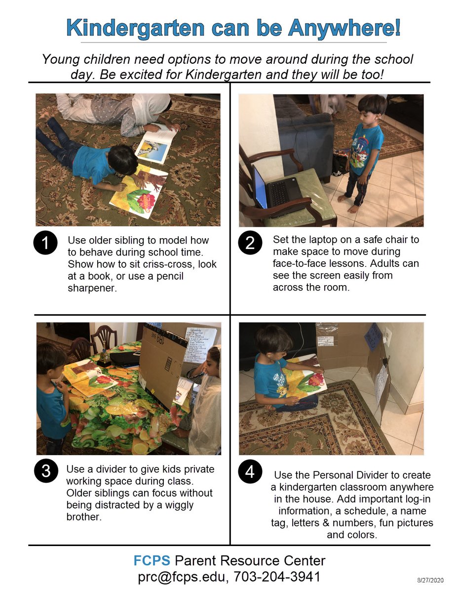 frc_fcps's tweet photo. Kindergarten Can be Anywhere! Young children need options to move around during the school day. Here's a resource for setting up virtual learning for our youngest students. Be excited for Kindergarten and they will be too! https://t.co/UimacWbh4E