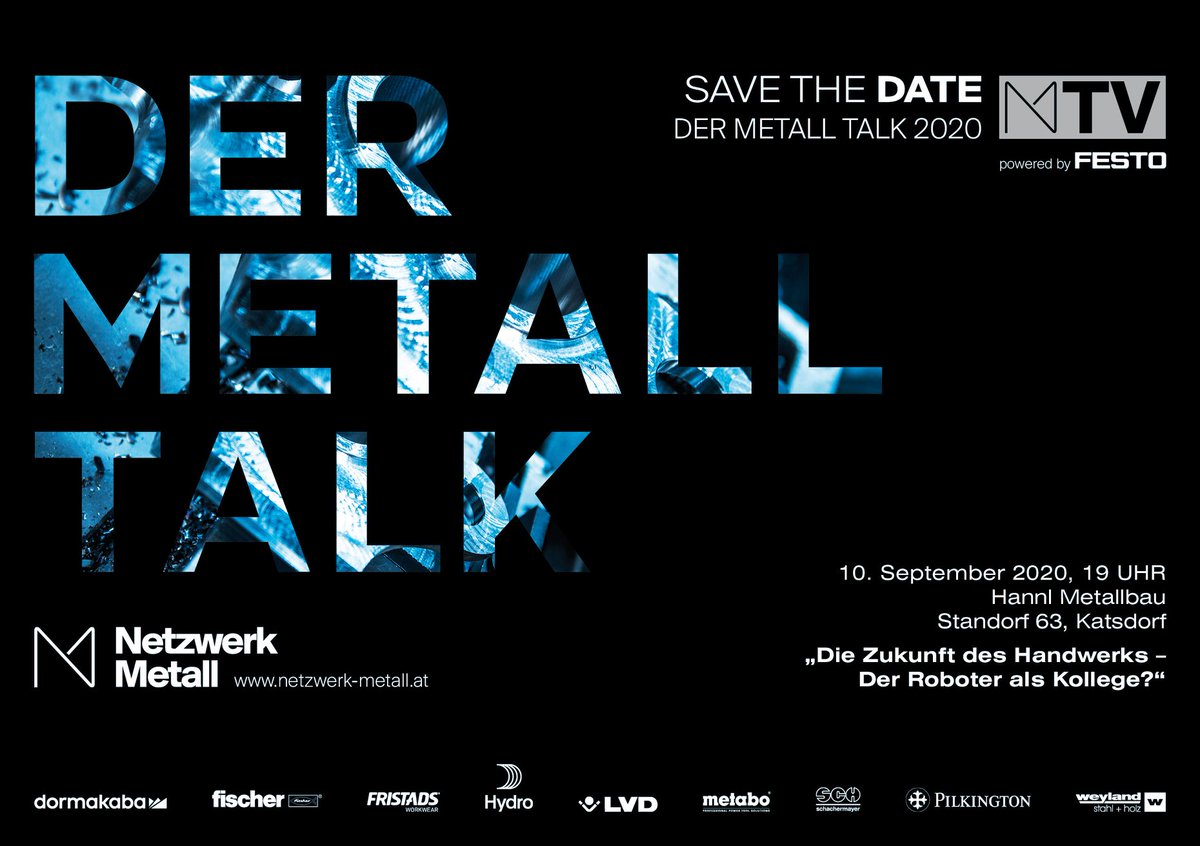 NetzwerkMetall's tweet photo. 🎥 𝗗𝗲𝗿 𝗠𝗲𝘁𝗮𝗹𝗹 𝗧𝗮𝗹𝗸 𝟮𝟬𝟮𝟬 - nur noch 7 Tage!
10.9.2020, 19 Uhr, HANNL Metallbau GmbH 
mit Prof. Markus Hengstschläger, Doris Hummer, Heini Staudinger, Alfrons Riek  und Stefan Halwachs.

#netzwerkmetall #metalltalk #webtv #diskussion #wko https://t.co/8pfBOwoRbF