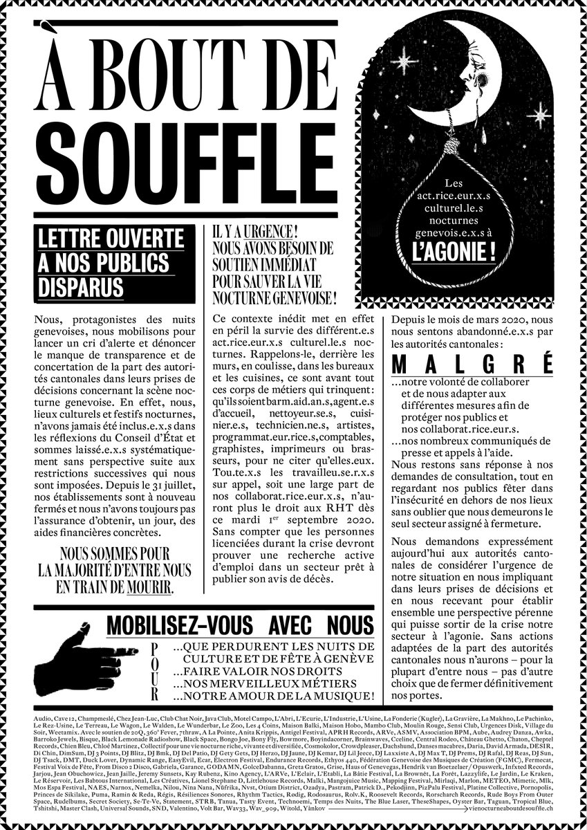 raggasessions.ch soutient la nuit genevoise et les acteur.trice.s culturel.le.s genevois !!!

FORCE &amp; COURAGE 

💚💛❤

🌚 𝑨̀ 𝑩𝑶𝑼𝑻 𝑫𝑬 𝑺𝑶𝑼𝑭𝑭𝑳𝑬 🌚
 bit.ly/Docaboutdesouf…