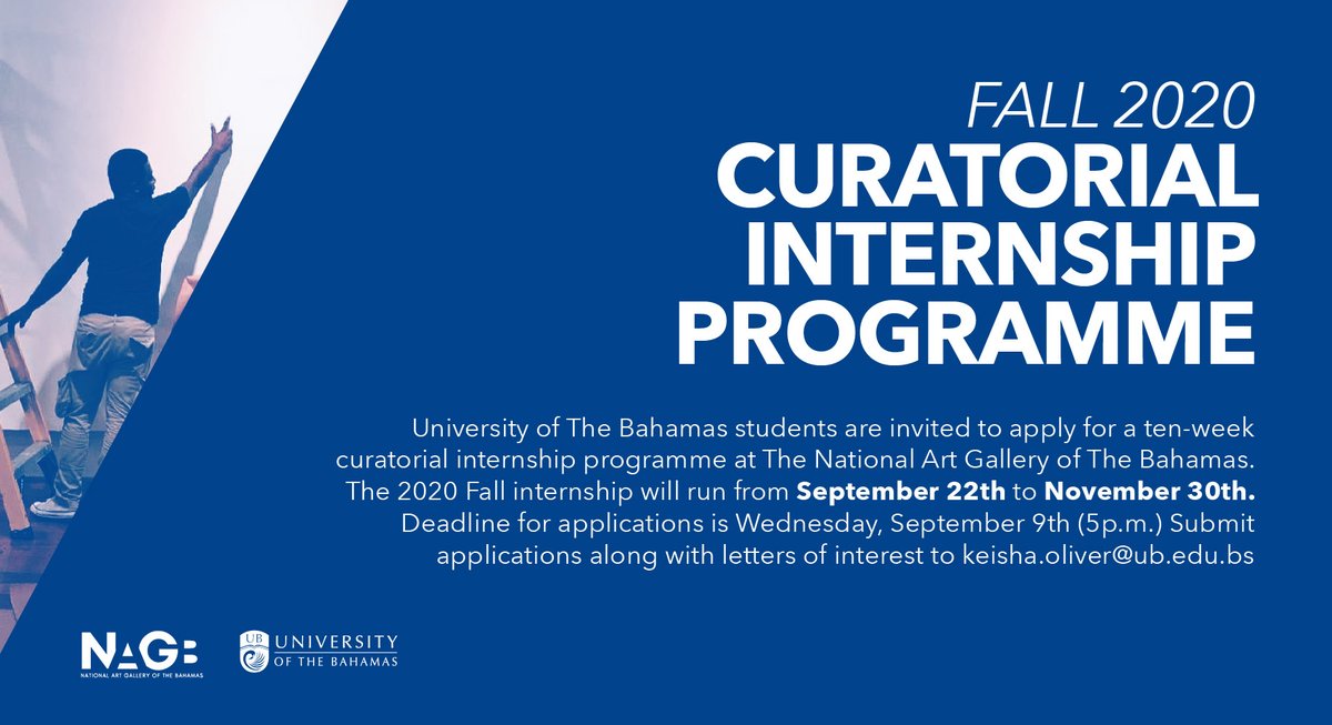 UBVisualArts's tweet photo. We're pleased to be partnering with the @NAGBahamas to launch our Fall 2020 Curatorial Internship Programme. The 10-week experience will offer UB students formal training in arts administration and curatorial practice. #UBVisualArts #Internship #Bahamas #ApplyNow https://t.co/kmVqA3KXk9