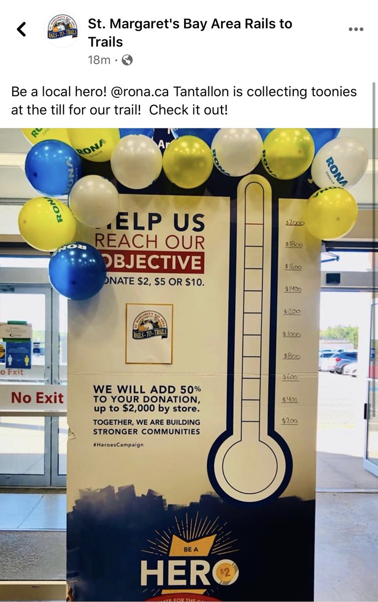 RonaTantallon's tweet photo. We have raised $600 in 3 days of our
@HEROCampaign.
Help us reach our goal of $2000 for the month of September to #supportlocal St Margaret’s Bay Rails to Trails!
#BeAHero

@LowesCanadaCorp @RONAinc @JQ_ops https://t.co/yCNKezY8jr