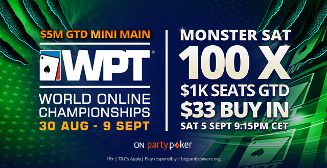 WPT's tweet photo. The 👹👹👹 is back on @partypoker! 

$5 million guaranteed #WPTWOC Mini Main Event features 100 more seats guaranteed in Saturday's Monster Sat 📡

Write your satellite story for just $33 🤑 https://t.co/8Qigc0POWL