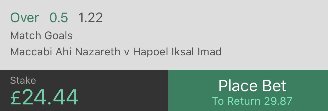 ComfyTipster's tweet photo. BET 2: (£20 - £40)

Competition 🏆: Israel Leumit Liga 🇮🇱

Fixture 🏟: Maccabi Ahi Nazareth vs Hapoel Iksal Imad

Tip 💰: Over 0.5 Match Goals ⚽️ (1.22 odds)

£24.44 ➡️ £29.87

#tipster #tip #bet #betting #inplay #gambling #acca #challenge #win #prematch #bet365 #boom https://t.co/eMsbE1v7dA