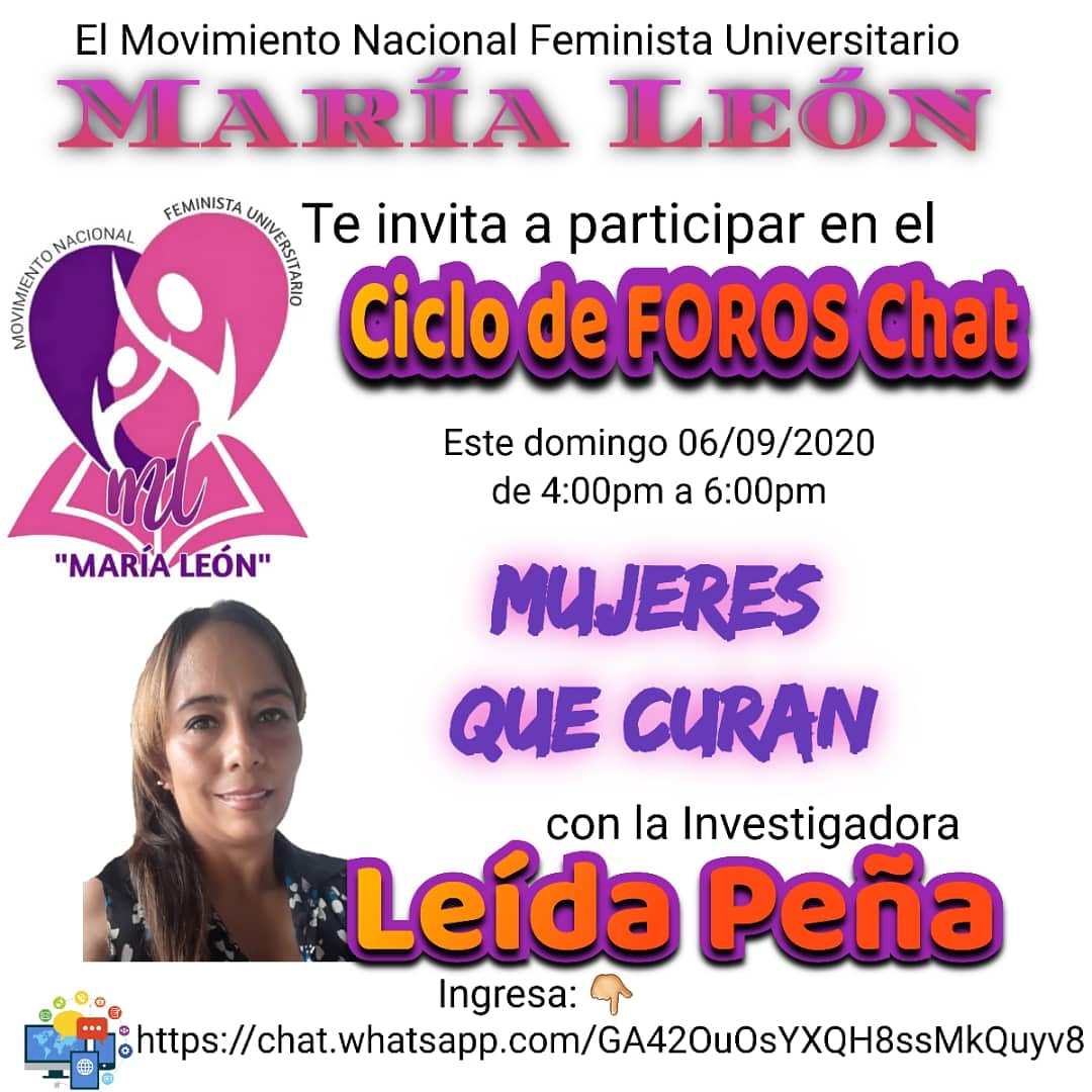 El Movimiento Nacional Feminista Universitario María León, te invita a participar en el Ciclo de Fotos Chat: "Mujeres que Curan" con la investigadora Leida Peña
Domingo #6sep 
De 4 a 6 pm 
...
<a href="/NicolasMaduro/">Nicolás Maduro</a> 
<a href="/Gob_Guarico/">Gobierno de Guárico</a> 
<a href="/dcabellor/">Diosdado Cabello R</a> 
<a href="/taniapsuv/">Tania Valentina Díaz</a> 
<a href="/MariaLeonaPSUV/">La Leona de Chávez ❤️</a> 
<a href="/carolyshelena/">Carolys H. Pérez G.</a>