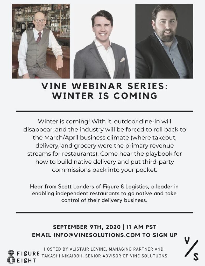 fig8logistics's tweet photo. Winter is coming — are you ready? Changes will come to outdoor dining scene that we’ve become accustomed to in recent months. We're talking with Vine Solutions on 9/9 about what to expect and how to prepare for the switch back to delivery. Email info@vinesoultions.com to sign up. https://t.co/VGi2TkbDgf