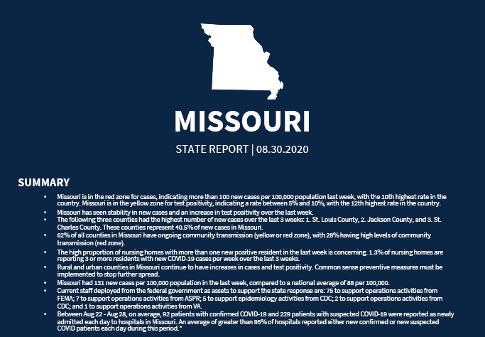 l_e_whyte's tweet photo. Just added Missouri's Aug. 30 report from the White House. It's in the red zone 🔴 for cases. "62% of all counties in Missouri have ongoing community transmission." Recommends bar closures, etc.  https://t.co/MAzXkiGez8 https://t.co/QCtSOYt2s1