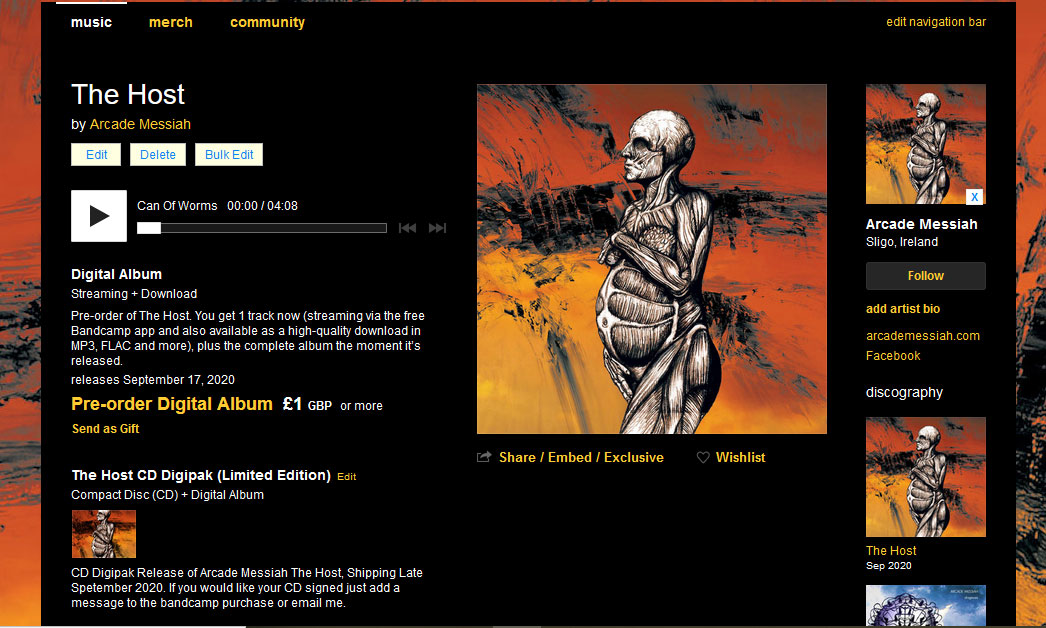 The Host is now available for Pre-order on bandcamp, you can hear the 1st song 'Can Of Worms' in full. 
arcademessiah.bandcamp.com/album/the-host
'The Host is available as a limited edition CD Digipak, and also as digital download.
Album will be released On Sept 17th.
