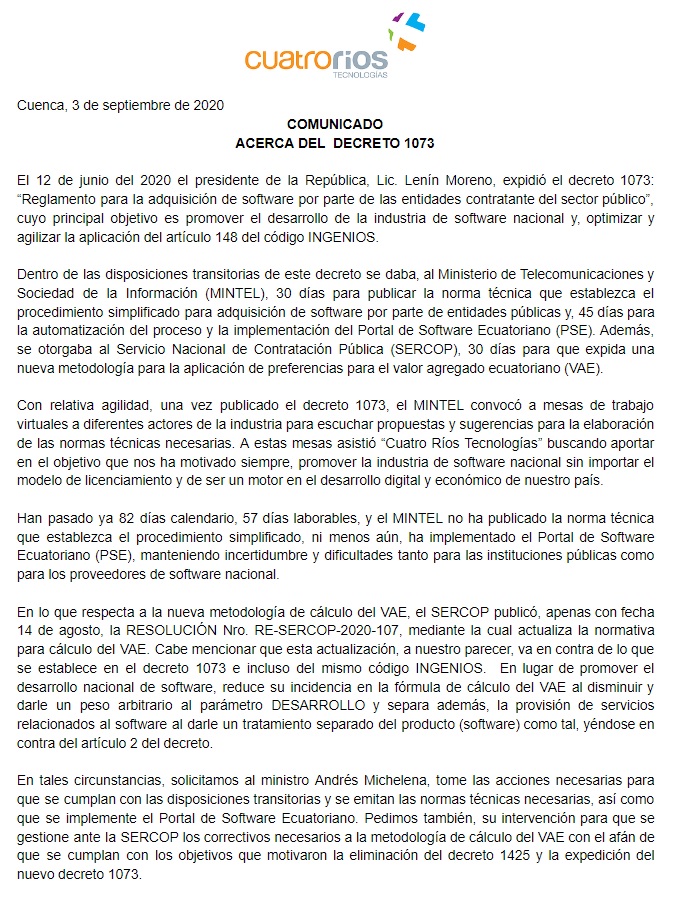 CuatroRiosCorp's tweet photo. Comunicado sobre #decreto1073.
@Lenin @caanmichelena @Telecom_Ec @SERCOPec @Presidencia_Ec @elcomerciocom @teleamazonasec @ecuavisa @tomebamba @mercurioec @CITECec @cipemec @teleramaec https://t.co/TkNzlDxjRG
