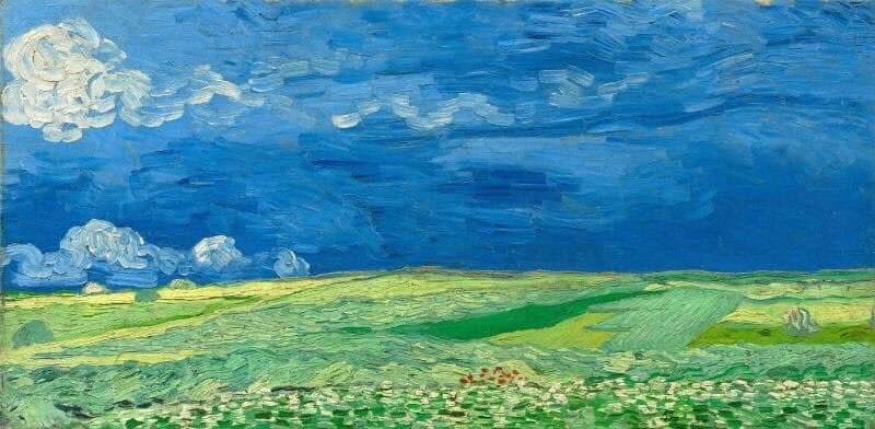 BluesignV's tweet photo. Van Gogh completed a number of impressive paintings of the wheatfields around Auvers. This outspread field under a dark sky is one of them. 💚💙🤍 https://t.co/MOGS2f7O14