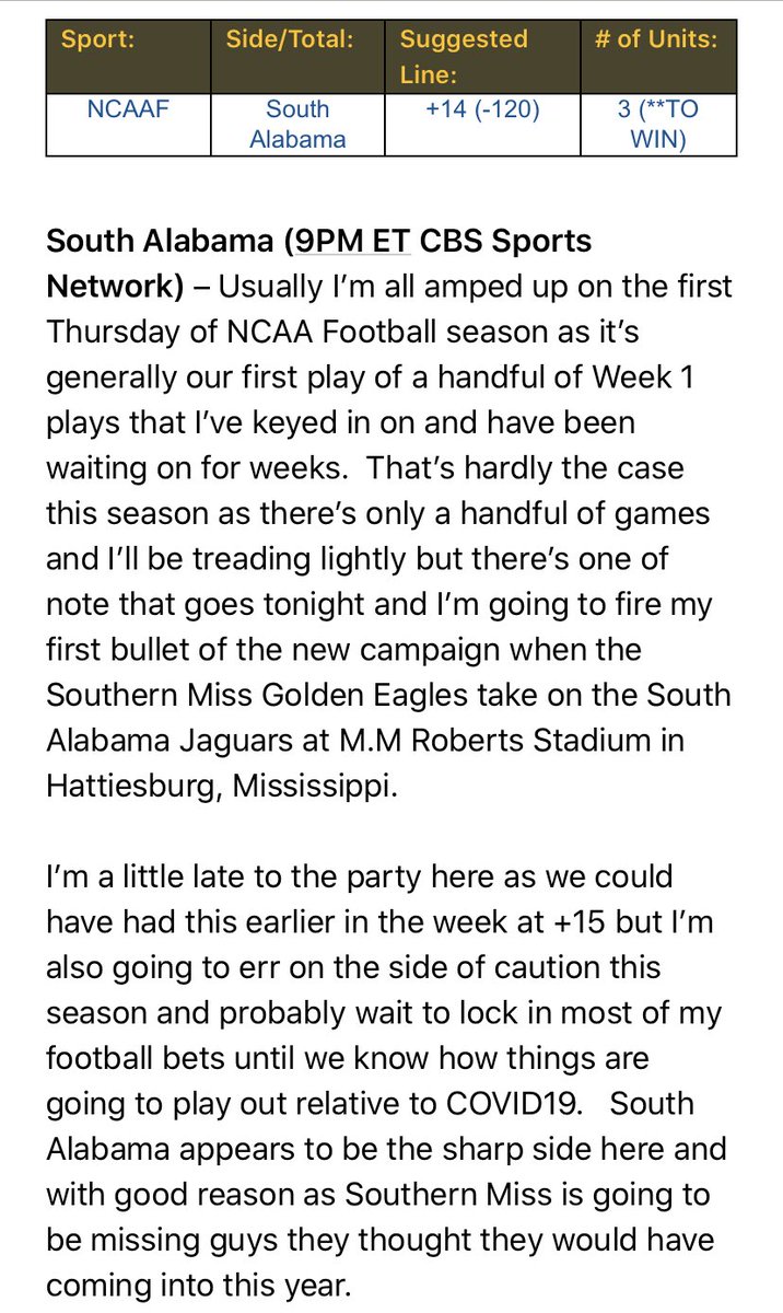 AdamTriggerWT's tweet photo. 🏈 #CollegeFootball 🏈

South Alabama +14 (-120) (3u)

Most of my football plays will be part of full day Sat or Sun packages but this isn’t our traditional #NCAAFootball Wk1 so here we go.

Might be +14 (-130) now but that’s fine too

#GamblingTwitter 
#Sportsbetting 
#kickoff20 https://t.co/tV8Wq61ghD