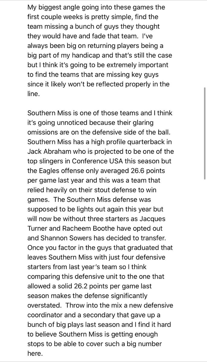 AdamTriggerWT's tweet photo. 🏈 #CollegeFootball 🏈

South Alabama +14 (-120) (3u)

Most of my football plays will be part of full day Sat or Sun packages but this isn’t our traditional #NCAAFootball Wk1 so here we go.

Might be +14 (-130) now but that’s fine too

#GamblingTwitter 
#Sportsbetting 
#kickoff20 https://t.co/tV8Wq61ghD