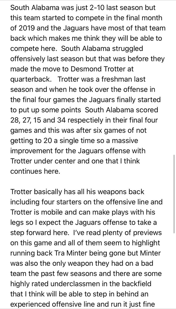 AdamTriggerWT's tweet photo. 🏈 #CollegeFootball 🏈

South Alabama +14 (-120) (3u)

Most of my football plays will be part of full day Sat or Sun packages but this isn’t our traditional #NCAAFootball Wk1 so here we go.

Might be +14 (-130) now but that’s fine too

#GamblingTwitter 
#Sportsbetting 
#kickoff20 https://t.co/tV8Wq61ghD
