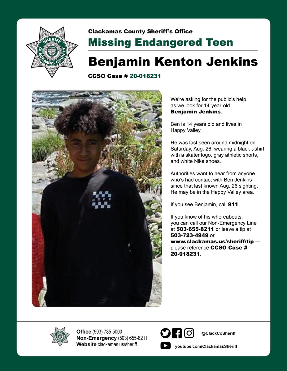 ClackCoSheriff's tweet photo. #alert We're looking for missing endangered 14-year-old BENJAMIN KENTON JENKINS — can you help?

Details in bulletin. Call 911 if seen. Send tips to https://t.co/Zw2zee2taC

(NOTE TO MEDIA: Benjamin's mother is available for interviews. Contact PIO Sgt. Mendoza for details.) https://t.co/SrLh6h7SQg