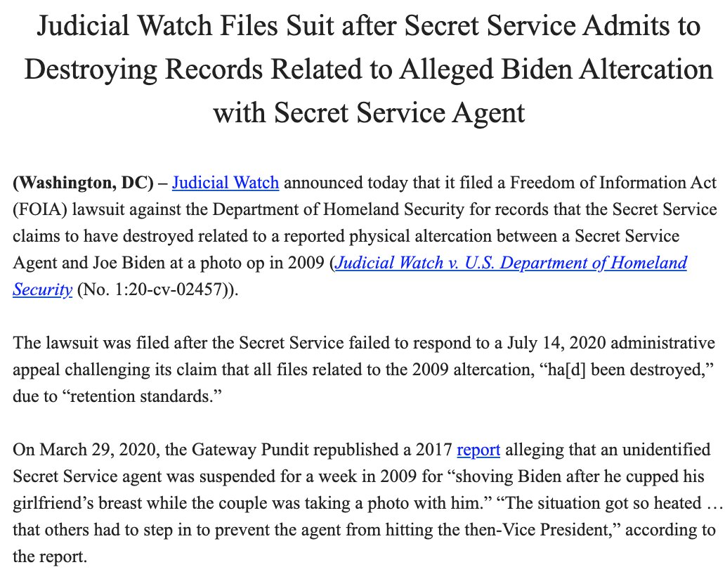 SecretsBedard's tweet photo. Whoa: @JudicialWatch says "Secret Service Admits to Destroying Records Related to Alleged Biden Altercation with Secret Service Agent" https://t.co/QiIImxzZMm
