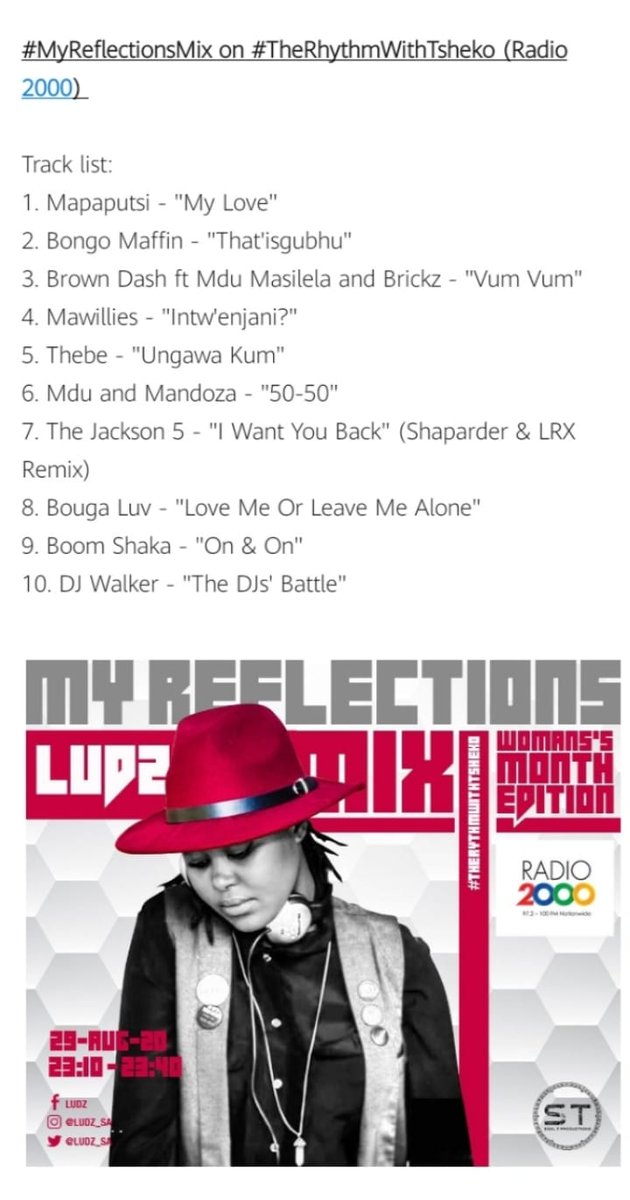 Ludz_SA's tweet photo. Dropped 2 mixes this week โค๏ธ
Here they are...
๐ง #SunsetSootherMix VOL 4 (Michael Jackson Tribute):
https://t.co/haqctPyYLf
๐ง #MyReflectionsMix on #TheRhythmWithTsheko (Radio 2000): https://t.co/RwCafmh98k https://t.co/LoQ8Uf2amQ