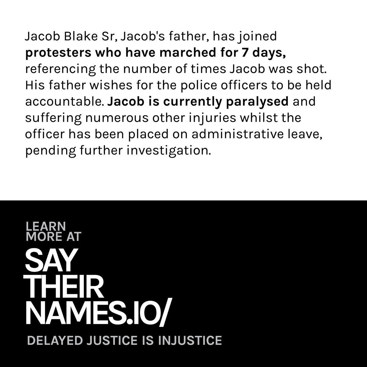 SayTheirName_io's tweet photo. Protests continue for Jacob Blake, who was shot on August 23rd by Rusten Sheskey, an officer from the Kenosha Police Department. 

Speaking of the protests, Jacob Blake's father says: "We’re not going to stop. We’re still suffering because there are two justice systems... https://t.co/GT9hADpdvJ