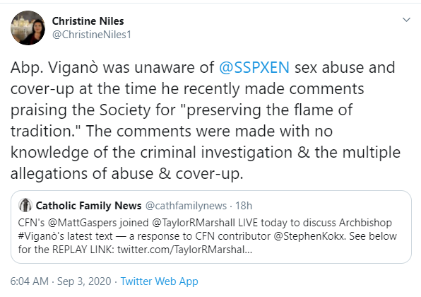 JeffCassman's tweet photo. Nazi Niles is back at it, claiming Vigano is ignorant of abuse and cover up @SSPXEN.  Guess what:  everyone else is unaware too, b/c there wasn't any.  How are the ppl at #ChurchMaleficent so out of touch that they think the world believes their calumny to actually be truth? https://t.co/nf0aYjIZIO