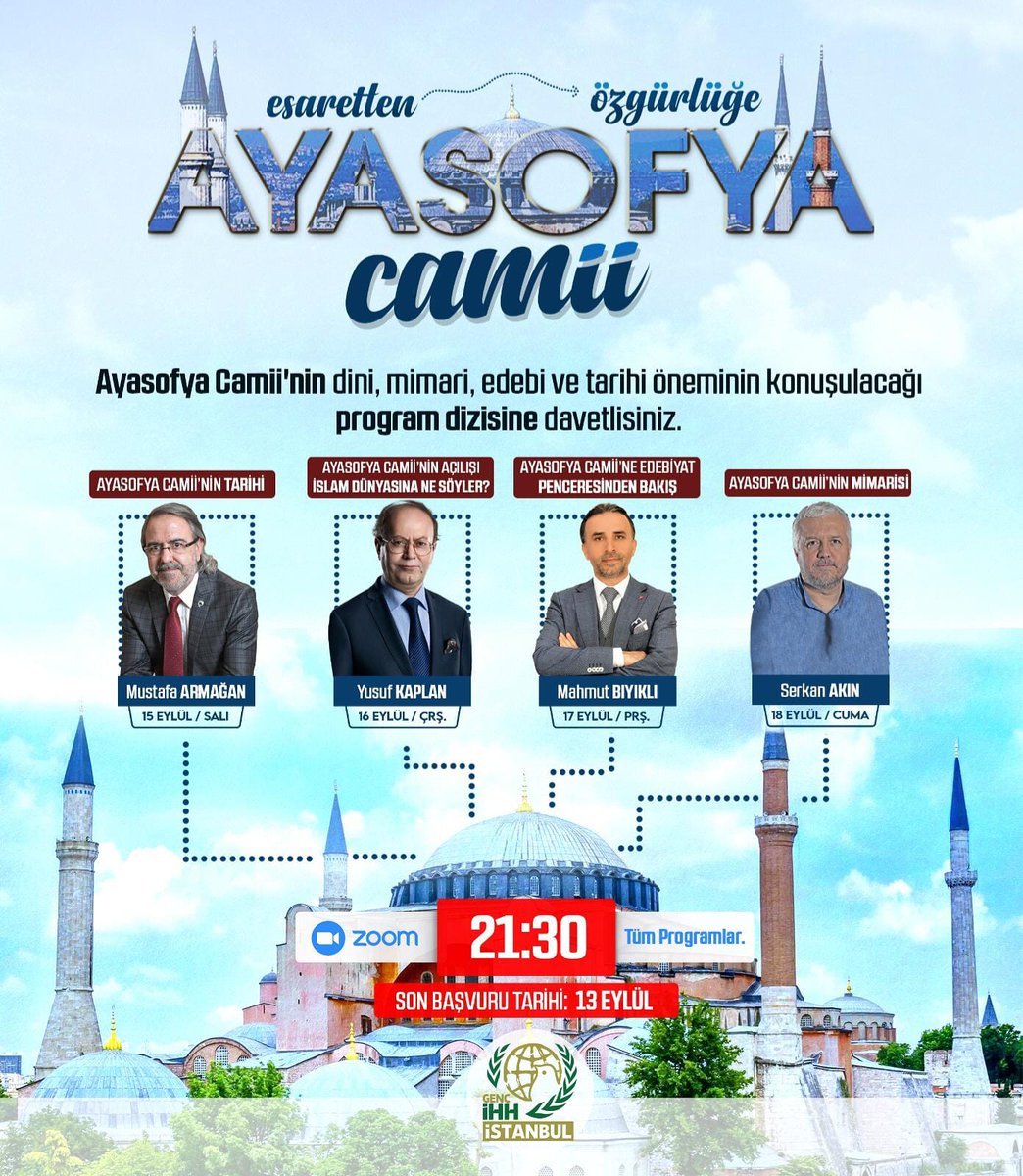 Ayasofya-i Kebîr Cami-i Şerifi'nin dini, mimari, edebi ve tarihi öneminin birbirinden değerli konuklarımızın katılımıyla konuşulacağı Zoom uygulaması üzerinden gerçekleştireceğimiz program dizimize davetlisiniz.

bit.ly/2ELCkxX