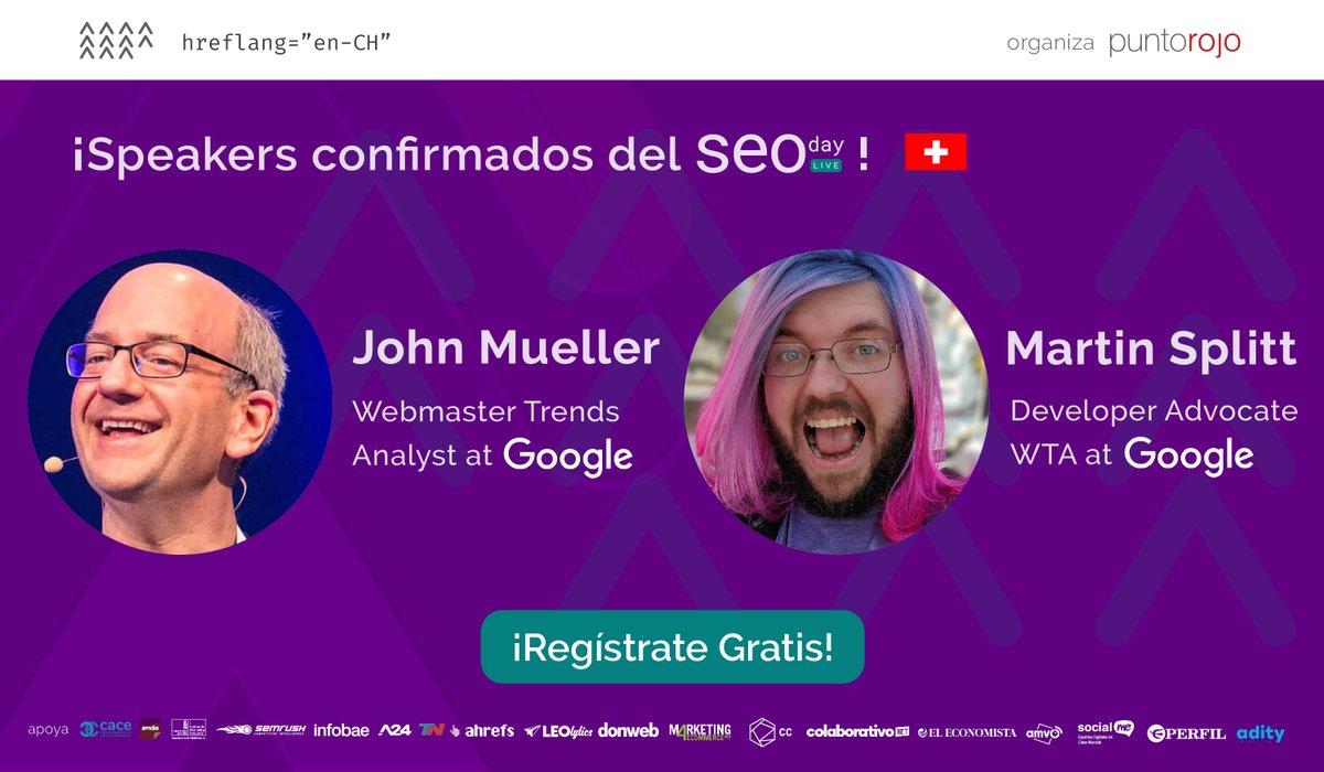 PuntoRojoM's tweet photo. @JohnMu, Webmaster Trends Analyst, y @g33konaut Developer Advocate WTA en @Google, son speakers confirmados de la 6ta edición del #SEOday 😎

¿De qué van a hablar en su charla? 👉 Google Update 😰

Registrate gratis y se parte del evento👨‍💻 https://t.co/LIcOYlXUvZ https://t.co/DEDcffFTuM