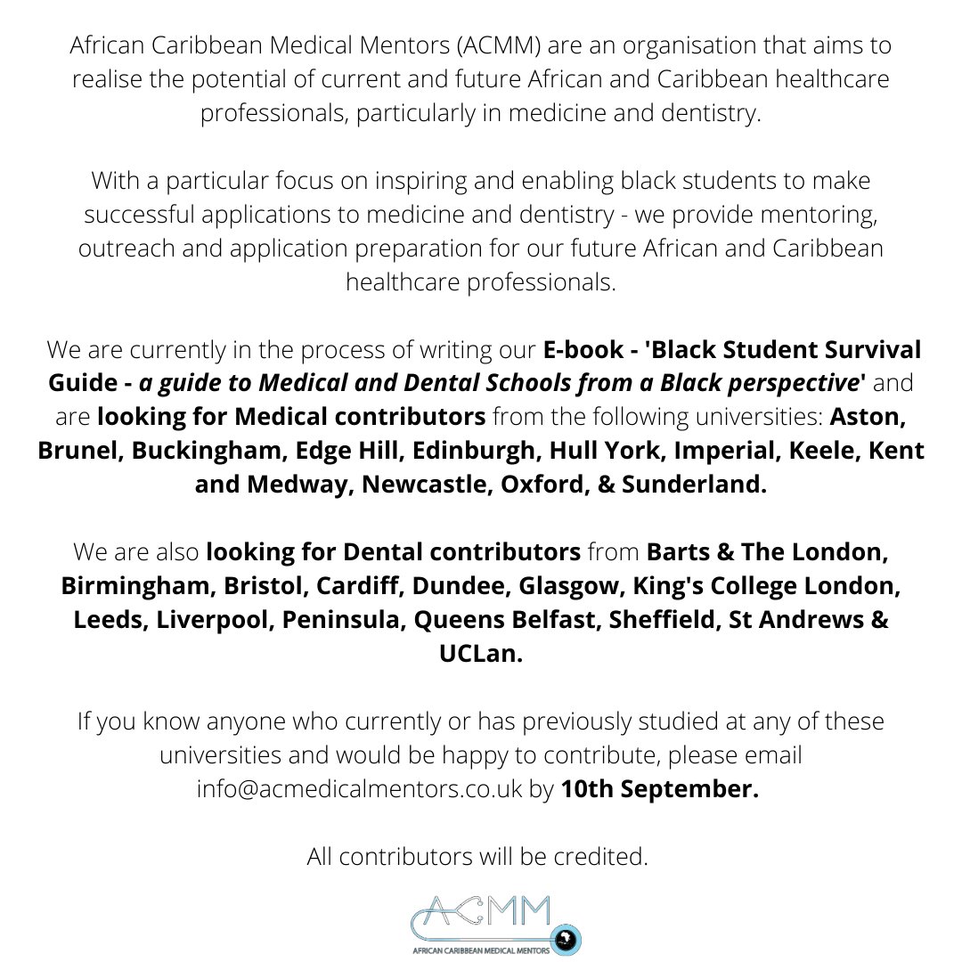 acmedicalmentor's tweet photo. UPDATE

Thank you everyone for the fantastic response!

Here is an UPDATED list of the contributors that we need for our eBook, the Black Student Survival Guide - ‘a guide to Medical and Dental Schools from a Black perspective’⠀

Details in the image below ↓↓↓ https://t.co/7ajFsrVZsZ
