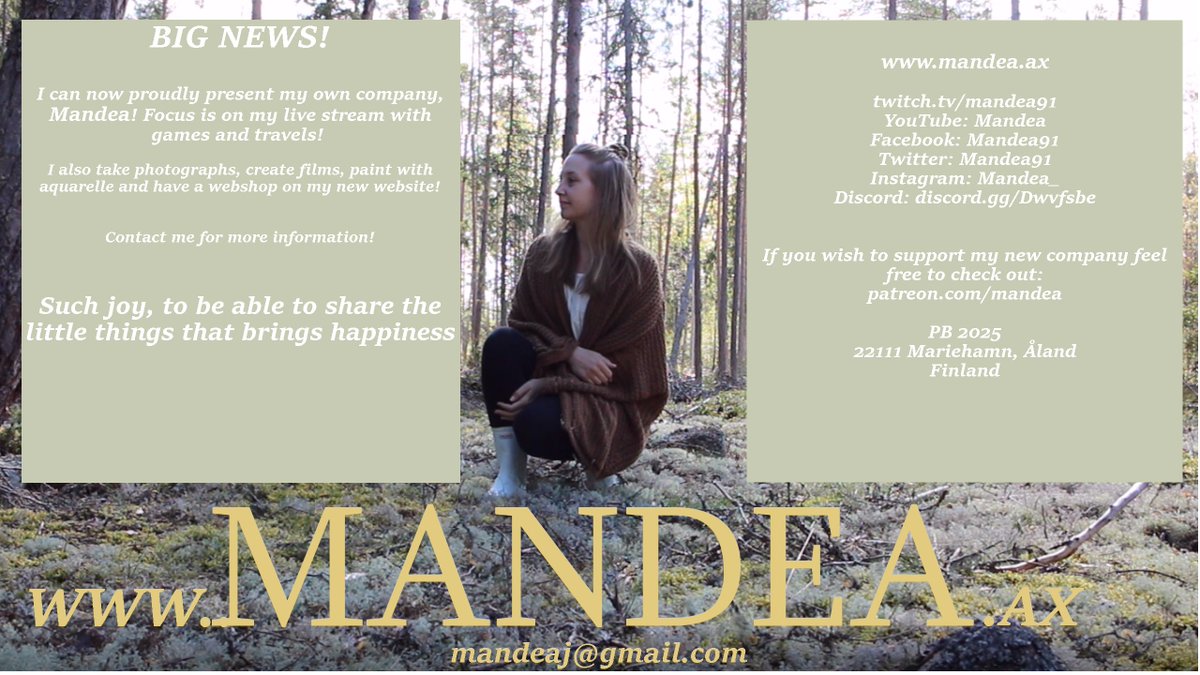 NEWS!! Mandea is now my own company!! :D To celebrate I have a social media competition! 😀

Like my page, share and comment what you want to win:
- Photoshoot ( åland island only )
- Aquarelle painting
- Mandea mug
- Company - live stream visit ( åland only) 
#twitch #giveaway