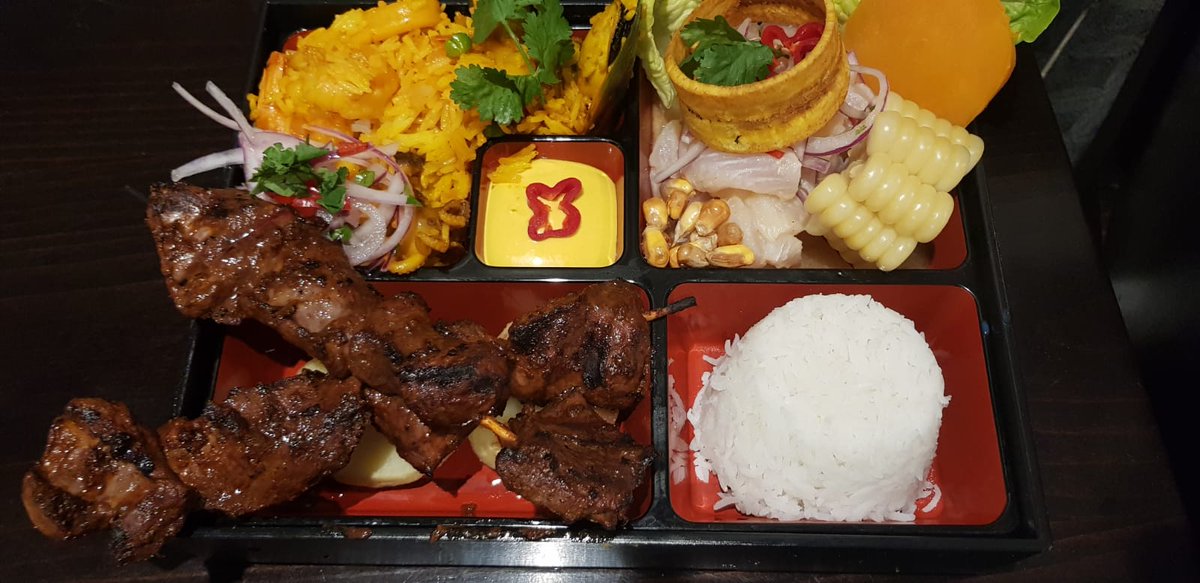 Presenting our Bento Box! Create your own favourite meal, it's a great way to try 3 new dishes all at once. Also available in Take-Away format 🤩 #Ceviche #Anticuchos #lomosaltado #PeruvianCuisine #piscosour #weekend