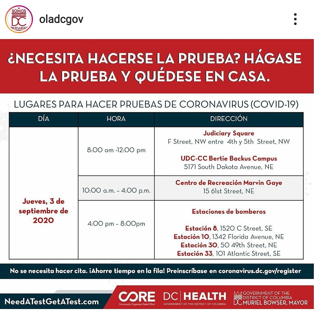 INDEXWashingto1's tweet photo. Atención residentes de Washington, DC. Pruebas #COVID19 
#DominicanosEnDC #INDEXWashington https://t.co/itAw9Gvi1w