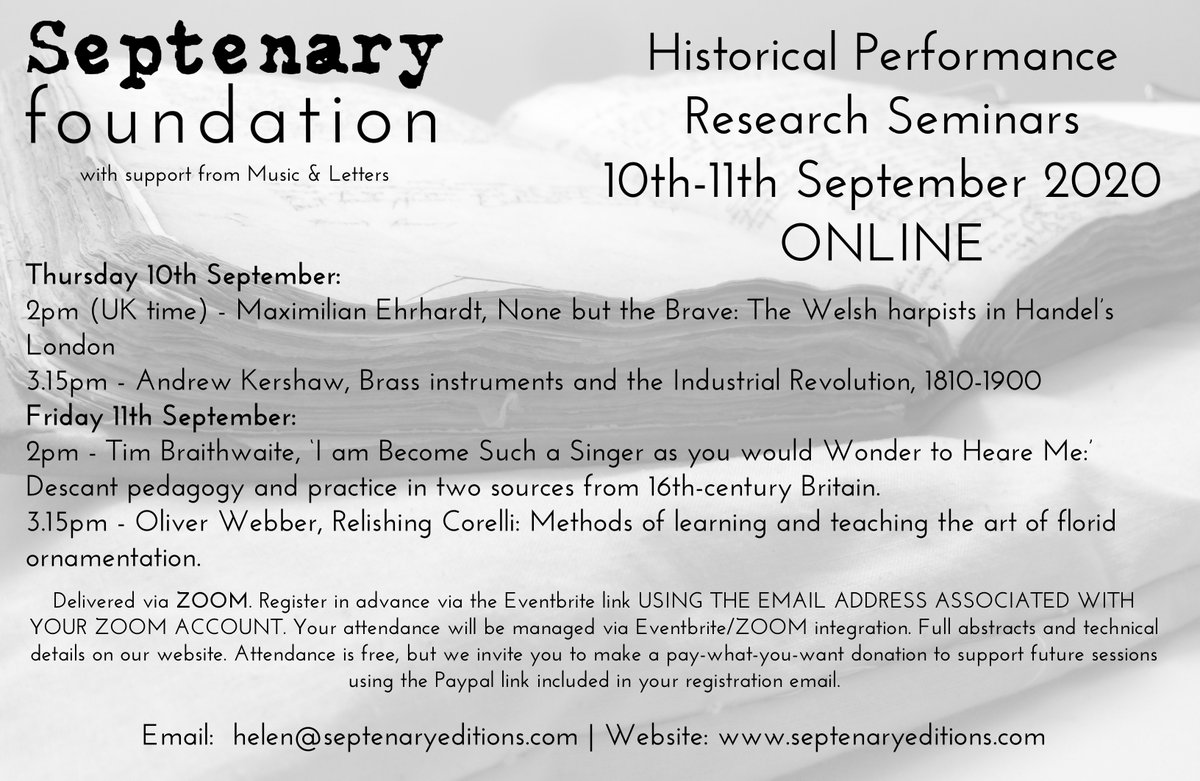 SeptenaryEdits's tweet photo. One week until our online Historical Performance Research Seminars, feat. @Violino1567, Tim Braithwaite, Maximilian Ehrhardt and Andy Kershaw. Registration via Eventbrite essential, all deets on our website https://t.co/SezzSySjRX #musicology #earlymusic #improvisation Pls RT! https://t.co/ja0GO1s8hd