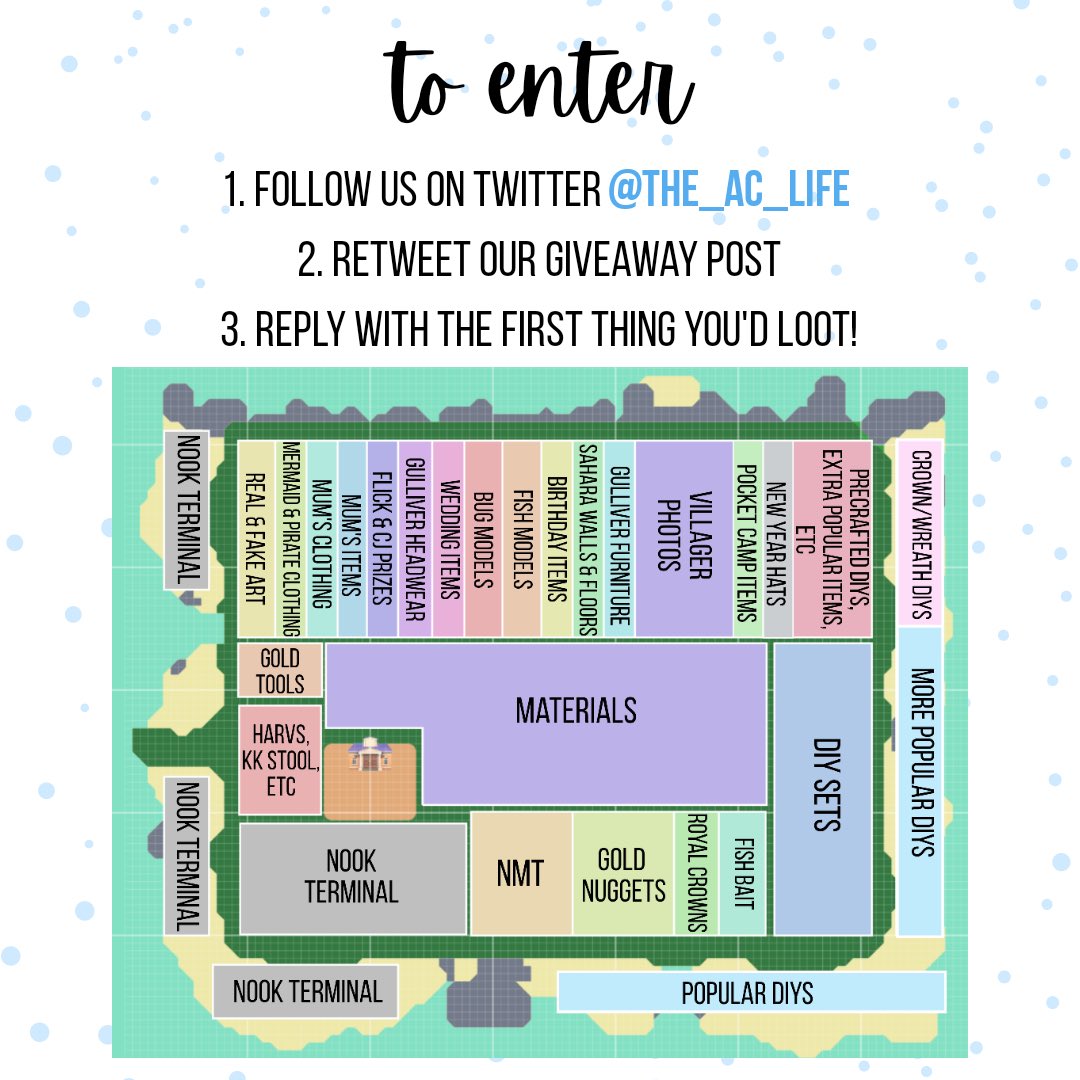 the_ac_life's tweet photo. 🎉We’re SO excited to announce the official launch of our new Twitter page with an awesome giveaway! 🎉 Enter to win an all-inclusive 30min trip to our most coveted TREASURE ISLAND for a looting extravaganza.🥳. Please see pictures on how to enter! 
.
.
#acnh #ACNHgiveaway https://t.co/1Nm1WazE09