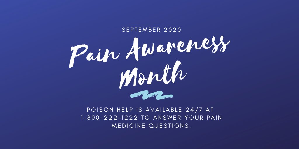 PoisonCenters's tweet photo. #DYK: September is #PainAwarenessMonth. Pain medicines can be harmful when improperly taken. Should you have questions or experience adverse effects from pain medicine, call your local poison center immediately, 1-800-222-1222. #chronicpain #poisonhelp https://t.co/zQkLtEesFI
